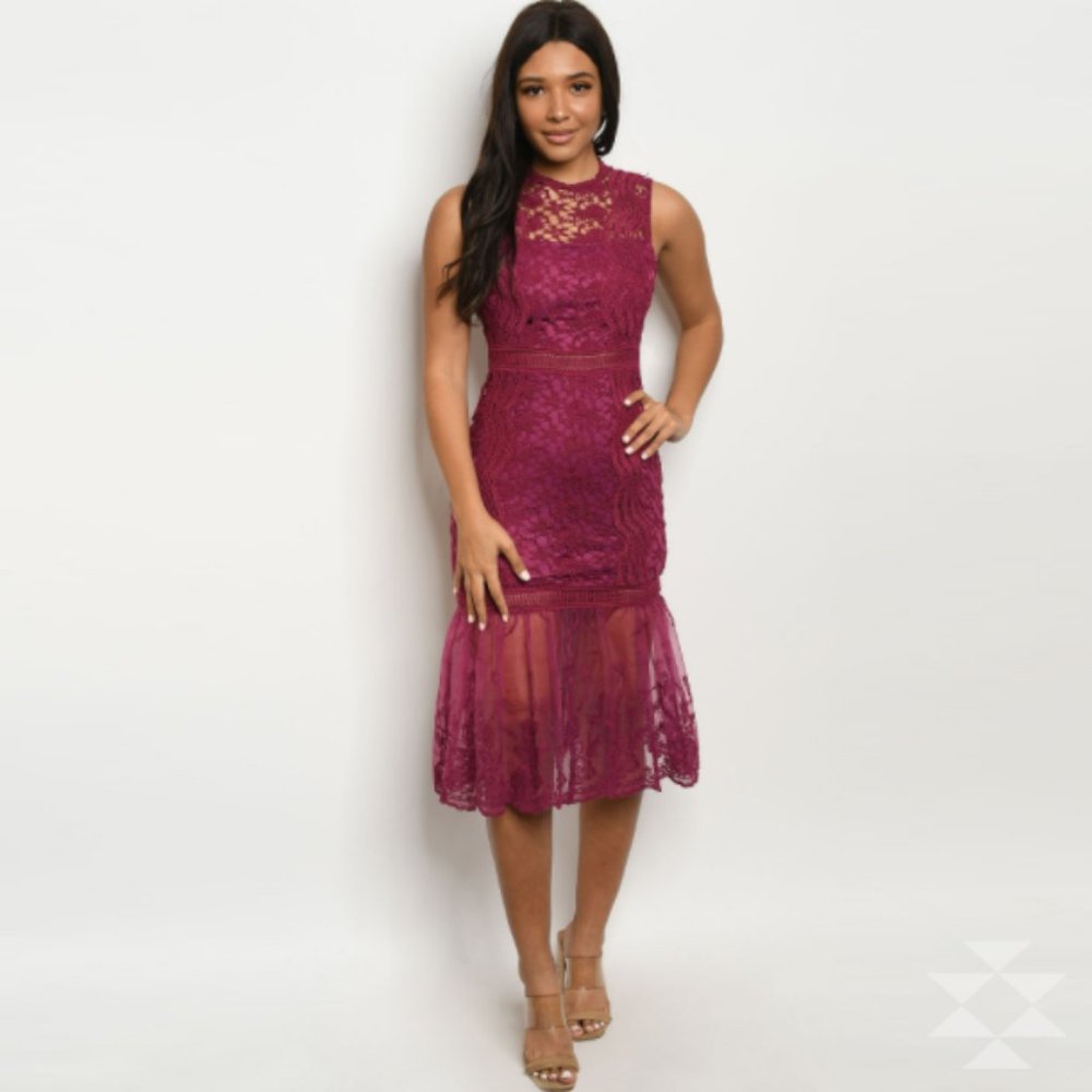 Sexy Sleeveless Lace Midi Mermaid Flare Dress